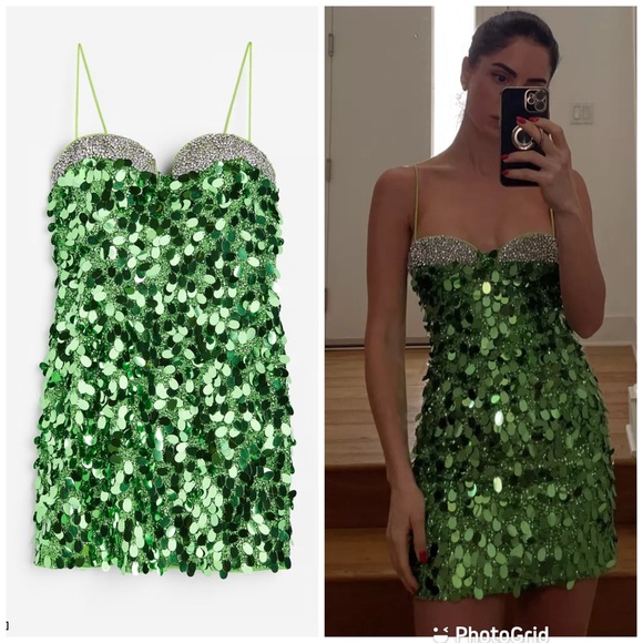 H&M Studio Green Sequined Embellished mini Dress Designer Re-enchantment - Picture 1 of 16